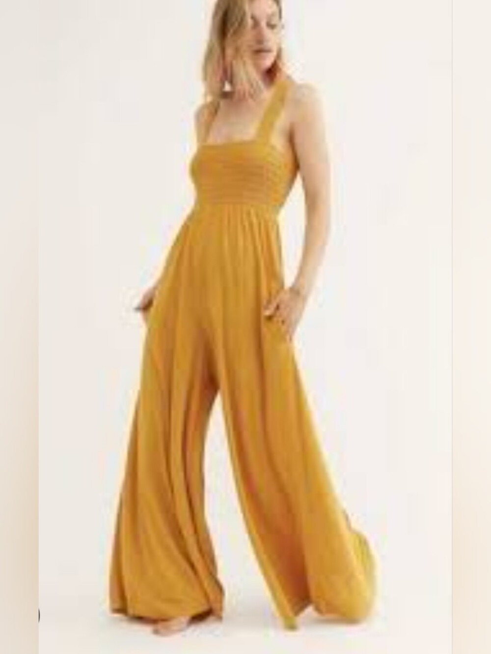 Free People Beach Homecoming Jumper XL Mustard Linen Blend Wide Leg Smocked